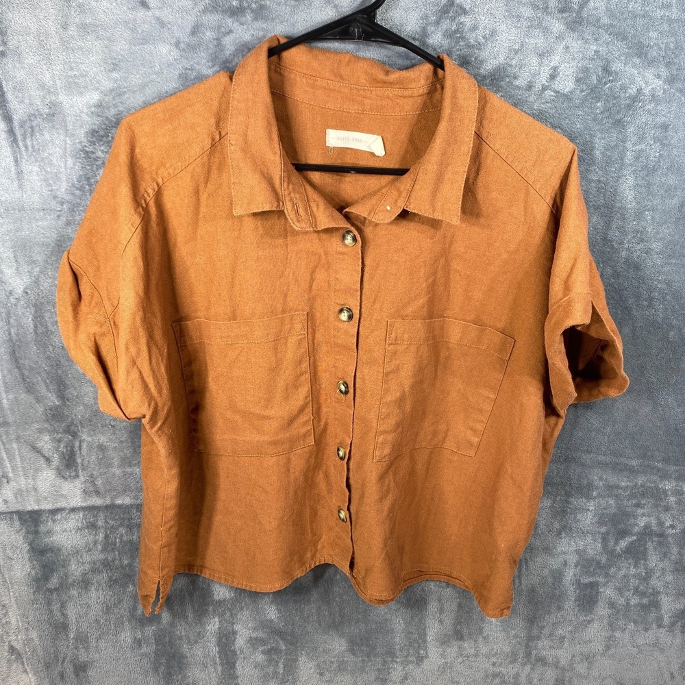 Womens Size 1X Orange Linen Blend Oversized Boxy Shirt Blouse Top  Pockets Boho
